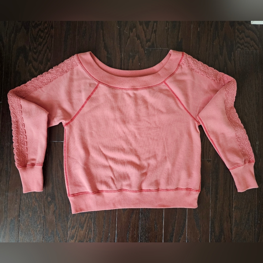 Abercrombie & Fitch Coral Off The Shoulder Lace Sleeve Sweatshirt